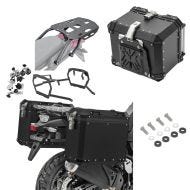 Aluminiumskoffert GX38-45 + Bagtecs koffertstativ som passer til Aprilia Tuareg 660 22-24 + toppkoffert i aluminium XB45 + bærer svart