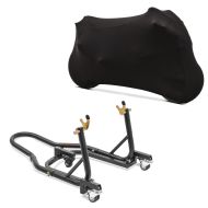 Sett: Monteringsstativ for manøvreringshjelp bakhjul Mover 2 Racing svart matt Constands + motorsykkeldeksel Indoor ML Stretch Garage i svart
