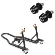 Sett: Monteringsstativ for manøvreringshjelp bakhjul Mover 2 Racing fra ConStands matt svart + motorsykkel prisme socket racing adapter Motea Assen M10 x 1,5 svart