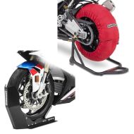 Sett: Dekkvarmersett Laguna Seca 60-80°C egnet for forhjul og bakhjul + transportstativ Easy-Fix motorsykkelrocker opp til 21 tommer svart