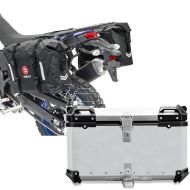 Sett: Motorsykkel-salvesker vanntette WP8 2x30L Bagtecs med aluminium toppkoffert XB65 aluminium univ 65 liter