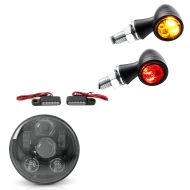 Sett LED hovedlys 5,75" + LED styreblinklys M2 med E-merke tonet + LED-blinklys med bak- og bremselys tonet