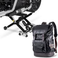 Sett: Motorsykkellift Midlift XL opp til 500 kg i svart ConStands med motorsykkelryggsekk RL3 halebag Vintage 24Ltr svart