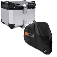 Sett: Motorsykkel aluminium toppkoffert XB45 aluminium univ 45 liter sølv Bagtecs med motorsykkelpresenning BC1 XXL trekk sort
