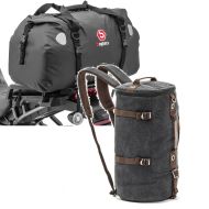 Sett: Motorsykkel halebag Drybag XF60 vanntett volum 60l Bagtecs med motorsykkelryggsekk Canvas VG8 Vintage 35Ltr svart