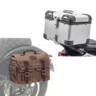 Sett: Motorsykkel aluminium toppkoffert XS45 aluminium univ 45 liter sølv Bagtecs med salveske canvas med innerlomme CV1 brun