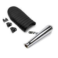 Sett: Bakre lyddemper universal cafe racer kjegle krom + sete egnet for cafe racer eller scrambler konvertering flat svart