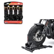 Sett: Motorsykkel rocker Easy Vario forhjulsklemme justerbar svart + strammesett med skralle og krok inkludert 4x surringsløkker i svart