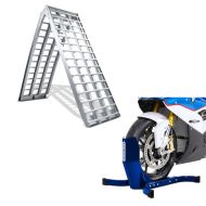 Sett: Adkomstrampe V i aluminium, opp til 680 kg, sammenleggbar, egnet for motorsykler, scootere, quads + motorsykkelrocker Easy-Plus motorsykkelstativ opp til 21 tommer blått