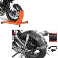 Set: Hinterrad und Lenker Zurrgurt mit 4x Ratschen-Spanngurten Set + Motorradwippe Easy-Plus Motorradständer bis 21 Zoll orange_1