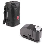 Sett: hale bag ryggsekk BK35 tørr bag vanntett 35l + bremseskive lås alarm 110dB BS-Motoparts tyveribeskyttelse svart