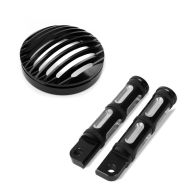 Sett: Motorsykkel frontlykt grill Craftride egnet for Harley Davidson Sportster 04-20 i svart + fotstøtter driver pillion egnet for Harley Davidson Craftride FP5 svart
