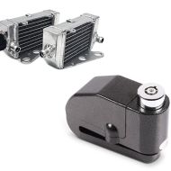Sett: Kjølerediator egnet for KTM SX 50 12-22 høyre venstre (par) + bremseskivelås alarm 110dB BS-Motoparts tyverisikring svart