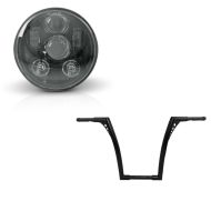 Sett: Styre Ape Hanger Fat B2 1-1/4" høyde 16" egnet for Harley Davidson fra Craftride svart + LED frontlykt 5,75 tommer egnet for Harley Davidson hovedlykt svart Craftride