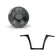 Sett: Styre Ape Hanger Fat B2 1-1/4" høyde 12" egnet for Harley Davidson fra Craftride svart + LED frontlykt 5,75 tommer egnet for Harley Davidson hovedlykt svart Craftride