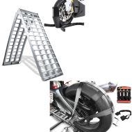 Sett: motorsykkel adkomstrampe aluminium CP5 + motorsykkel rocker Easy Plus sammenleggbar maks 680 kg + bakhjul og styret surre stropp med 4x skralle stramme stropper sett stramme stropp.