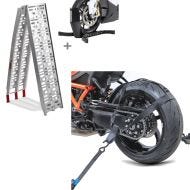 Sett: motorsykkel adkomstrampe aluminium CS1 + motorsykkel rocker Easy Plus sammenleggbar maks 340 kg + bakhjulssurringsstropp med 4x skrallespennesett sett med spennstropper for motorsykkeltransport.