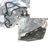 Sett: Sett med kollisjonsbøyler topp bunn XL + frontlykt egnet for BMW F 850 GS / F 750 GS 18-20 Motoguard svart + motorbeskyttelse egnet for BMW F 750 GS 18-20 Motoguard aluminium front spoiler undervogn beskyttelse svart