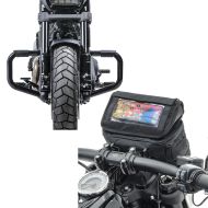 Sett: Crash bar Moustache II egnet for Harley Davidson Softail Fat Bob 114 18-24 svart + styreveske egnet for chopper / tilpasset sykkel smarttelefonholder Craftride LB2 CB22025