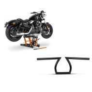 Sett: Motorsykkelløft ConStands Midlift L motorsykkelløfter for choppere opp til 680 kg i oransje + styre Ape Z-Bar 1" egnet for Harley Davidson svart Craftride