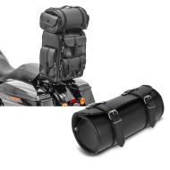 Sett: Sissybar bag med bagasjerull egnet for chopper Craftride DLX halebag PU-skinn + motorsykkelverktøyrull Craftride Kansas 3Ltr tilpasset verktøyveske i svart