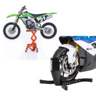 Sett: motorsykkeljekk Enduro ConStands Cross-Lift XL motocross saksejekk med hjul i oransje + motorsykkelrocker ConStands Easy-Plus motorsykkelstativ opp til 21 tommer matt svart