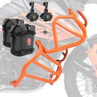 Sett med kollisjonsbøyler øverst og nederst + frontlykt egnet for KTM 890 Adventure / R 21-22 + vesker Motoguard oransje