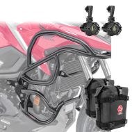 Sett med kollisjonsbøyler + frontlykt egnet for Honda NC 750 X 21-24 + vesker Motoguard svart