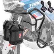 Sett med kollisjonsbøyler + ekstra frontlykter MS1 egnet for Aprilia Tuareg 660 22-24 + vesker Motoguard svart