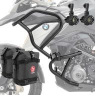 Sett med kollisjonsbøyler + ekstra frontlykter egnet for BMW G 310 GS 17-24 + vesker Motoguard SK3
