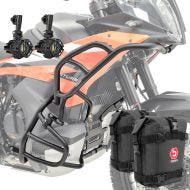 Sett med kollisjonsbøyler + ekstra frontlykter egnet for KTM 790 / 890 Adventure / R 23-24 SH27 + vesker Motoguard svart