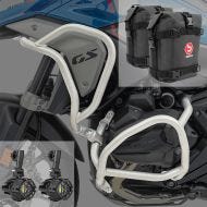 Sett med kollisjonsbøyler + ekstra frontlykter egnet for BMW R 1300 GS 23-24 + vesker Motoguard sølv SG35