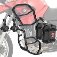 Sett med kollisjonsbøyler + ekstra frontlykter egnet for BMW F 650 GS 00-07 + vesker Motoguard svart SG53