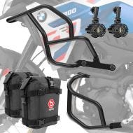 Sett med kollisjonsbøyler + ekstra frontlykter egnet for BMW F 900 GS 2024 + vesker Motoguard SN12