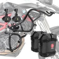Sett med kollisjonsbøyler + ekstra frontlykter egnet for BMW F 800 GS 08-12 + Motoguard-vesker