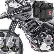 Sett med kollisjonsbøyler øverst og nederst + ekstra frontlykter LED egnet for Suzuki V-Strom 1050 / DE 20-24 + vesker Motoguard SG38