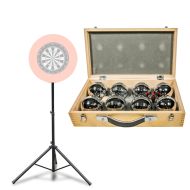 Dartstativ høydejusterbar 140 - 195 cm PL38 svart + Boule sett i trekasse Cranit 8 Boule Petanque baller inkludert piggy target ball RE65