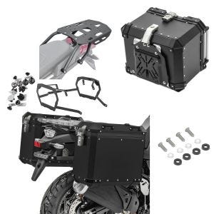 Aluminiumskoffert GX38-45 + Bagtecs koffertstativ som passer til Aprilia Tuareg 660 22-24 + toppkoffert i aluminium XB45 + bærer svart