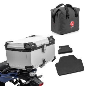 Sett motorsykkel aluminium toppkoffert 65L + innerpose tørrpose egnet for BMW R 1250 GS Adventure Bagtecs XB65 aluminium toppkoffert sølv + pillion ryggpute