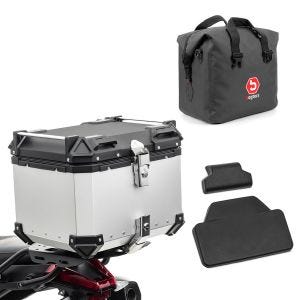 Sett motorsykkel aluminium toppveske 45L + innerpose tørrpose egnet for Honda Transalp XL 750 Bagtecs XB45 aluminium toppkoffert sølv + ryggpute