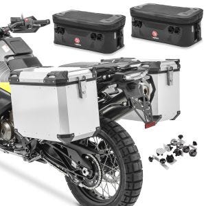 Aluminiumskoffertsett + ekstra vesker + adapter egnet for Royal Enfield Himalayan 450 Bagtecs QP48 aluminium sidevesker sølv