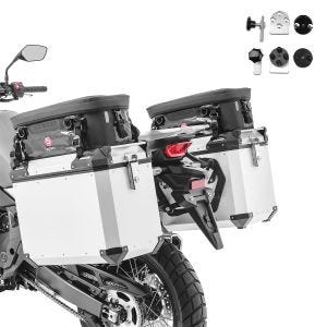 Set Alukoffer + Adapter passend für Honda Transalp XL 750 23-24 Alu Seitenkoffer Bagtecs QP48 silber + Zusatztaschen