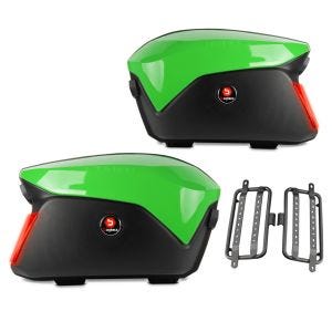 Sett med kofferter + bærer egnet for Kawasaki Z 1000 / SX / 650 sidevesker Bagtecs PX74GR grønn LED