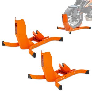 Sett med 2x motorsykkeltransportstativ Easy Fix motorsykkelvippe opp til 21 tommer forhjul ConStands oransje