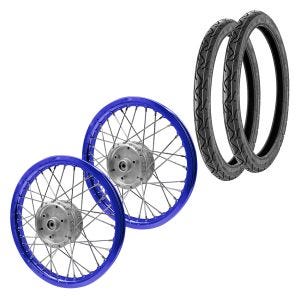 Sett med 2x eiker hjulfelg aluminium 1,6x16 egnet for Simson S51 S50 S70 Schwalbe KR51 aluminiumsfelg Craftride AF14 blå + 2x dekk Vee Rubber VRM099 foran bak