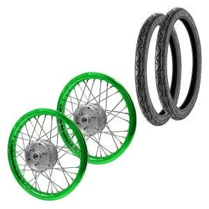 Sett med 2x eiker hjulfelg aluminium 1,6x16 egnet for Simson S51 S50 S70 Schwalbe KR51 aluminiumsfelg Craftride AF16 grønn + 2x dekk Vee Rubber VRM099 foran bak
