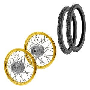 Sett med 2x eiker hjulfelg aluminium 1,6x16 egnet for Simson S51 S50 S70 Schwalbe KR51 aluminiumsfelg Craftride AF17 gull + 2x dekk Vee Rubber VRM099 foran bak