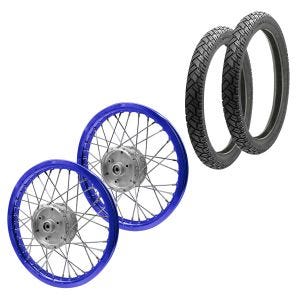 Sett med 2x eiker hjulfelg aluminium 1,6x16 egnet for Simson S51 S50 S70 Schwalbe KR51 aluminiumsfelg Craftride AF14 blå + 2x dekk Vee Rubber VRM094 foran bak