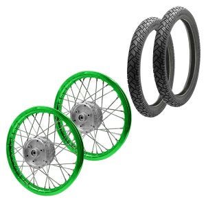 Sett med 2x eiker hjulfelg aluminium 1,6x16 egnet for Simson S51 S50 S70 Schwalbe KR51 aluminiumsfelg Craftride AF16 grønn + 2x dekk Vee Rubber VRM094 foran bak