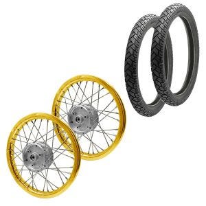 Sett med 2x eiker hjulfelg aluminium 1,6x16 egnet for Simson S51 S50 S70 Schwalbe KR51 aluminiumsfelg Craftride AF17 gull + 2x dekk Vee Rubber VRM094 foran bak